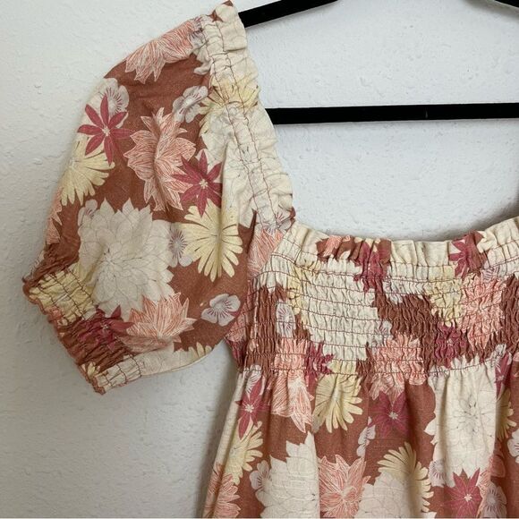 Faherty Ramona Floral Smocked Mini Dress in Warm Jicaro Color - Picture 4 of 10